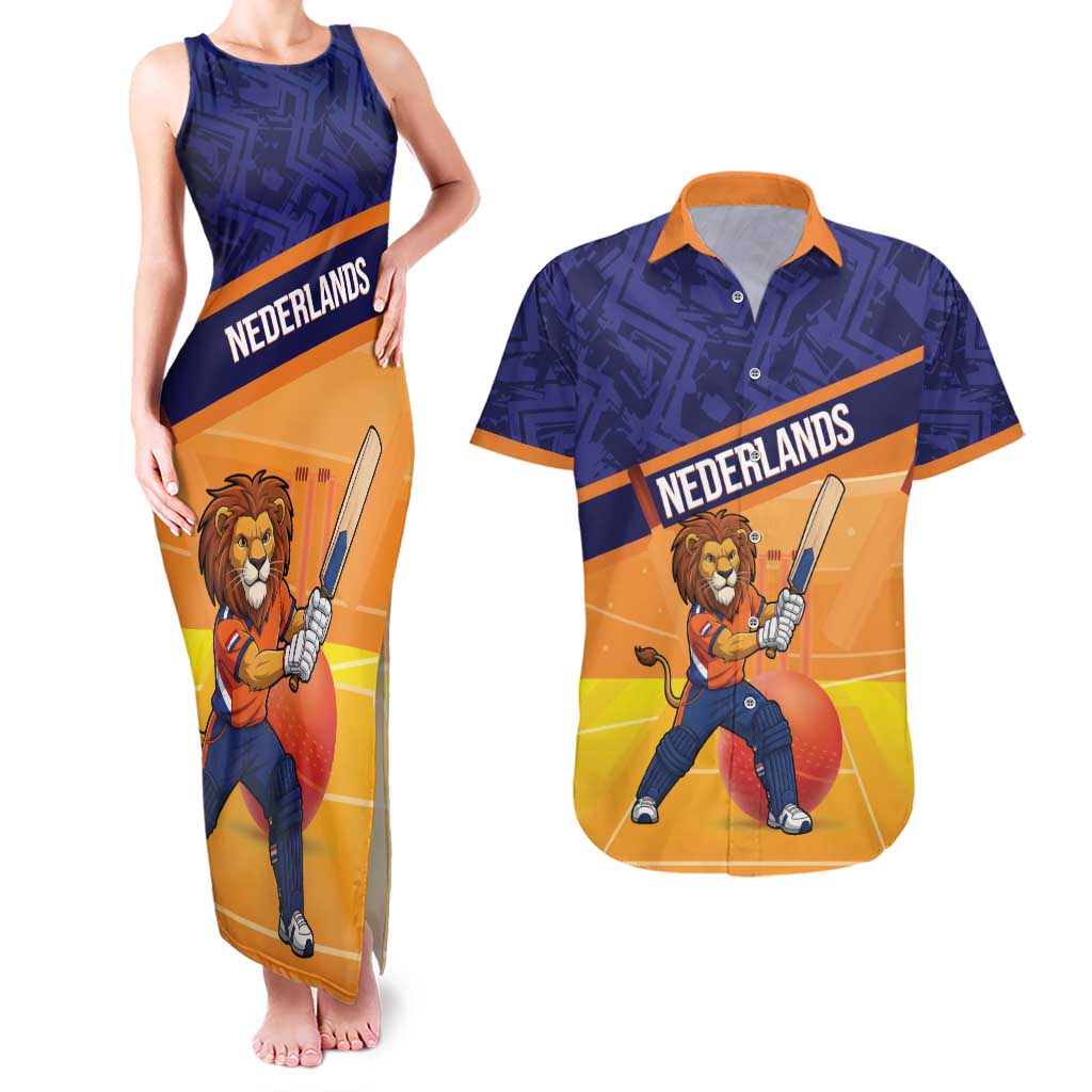 Custom Netherlands Cricket Couples Matching Tank Maxi Dress and Hawaiian Shirt Go Flying Dutchmen Lion Mascot - Wonder Print Shop