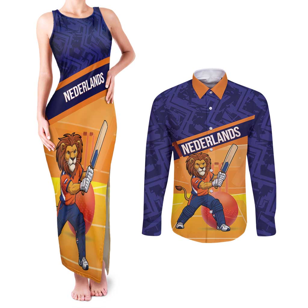 Custom Netherlands Cricket Couples Matching Tank Maxi Dress and Long Sleeve Button Shirt Go Flying Dutchmen Lion Mascot - Wonder Print Shop