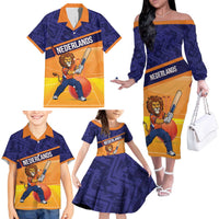 Custom Netherlands Cricket Family Matching Off The Shoulder Long Sleeve Dress and Hawaiian Shirt Go Flying Dutchmen Lion Mascot - Wonder Print Shop