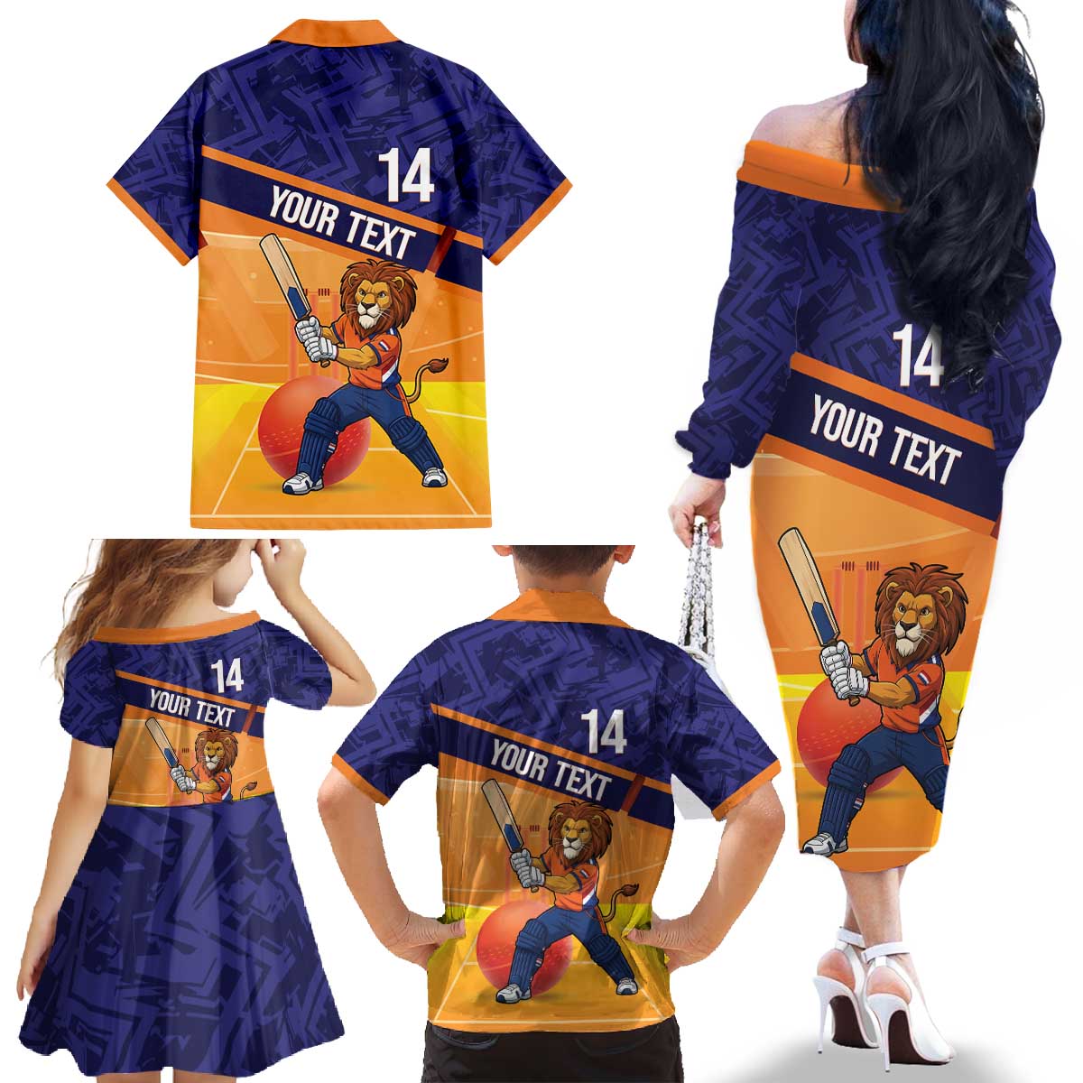 Custom Netherlands Cricket Family Matching Off The Shoulder Long Sleeve Dress and Hawaiian Shirt Go Flying Dutchmen Lion Mascot - Wonder Print Shop