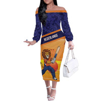 Custom Netherlands Cricket Family Matching Off The Shoulder Long Sleeve Dress and Hawaiian Shirt Go Flying Dutchmen Lion Mascot - Wonder Print Shop