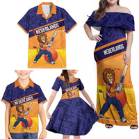Custom Netherlands Cricket Family Matching Off Shoulder Maxi Dress and Hawaiian Shirt Go Flying Dutchmen Lion Mascot - Wonder Print Shop