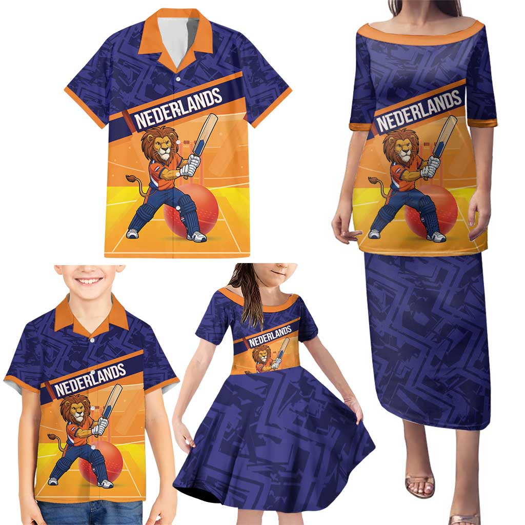 Custom Netherlands Cricket Family Matching Puletasi and Hawaiian Shirt Go Flying Dutchmen Lion Mascot - Wonder Print Shop