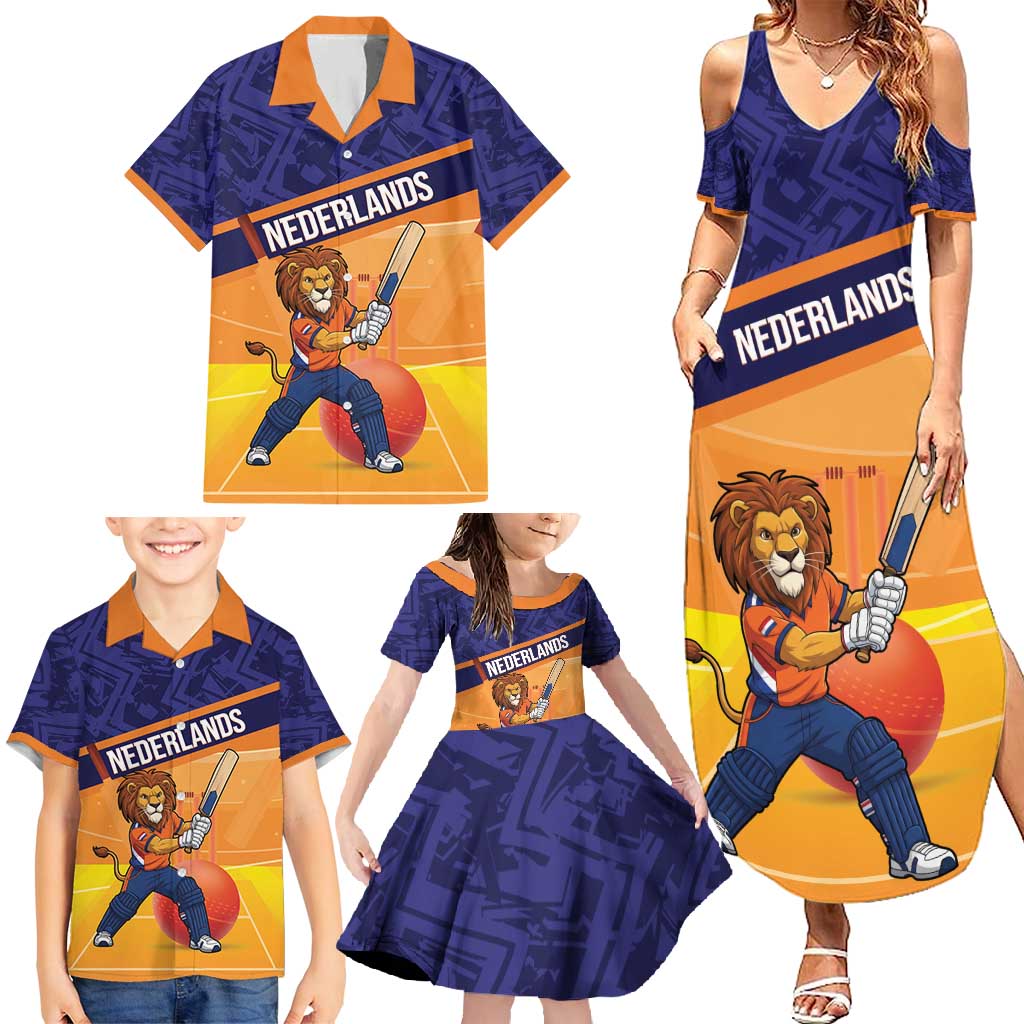 Custom Netherlands Cricket Family Matching Summer Maxi Dress and Hawaiian Shirt Go Flying Dutchmen Lion Mascot - Wonder Print Shop