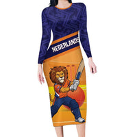Custom Netherlands Cricket Long Sleeve Bodycon Dress Go Flying Dutchmen Lion Mascot - Wonder Print Shop