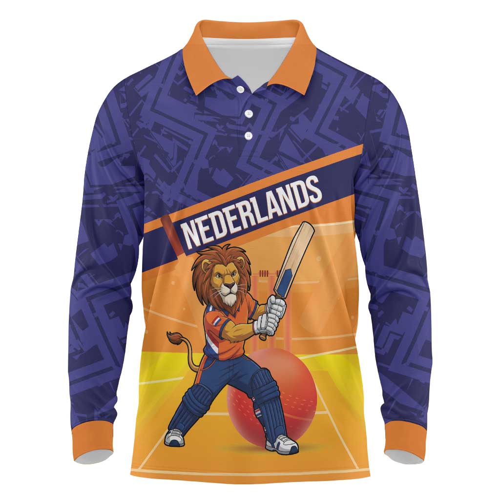 Custom Netherlands Cricket Long Sleeve Polo Shirt Go Flying Dutchmen Lion Mascot - Wonder Print Shop