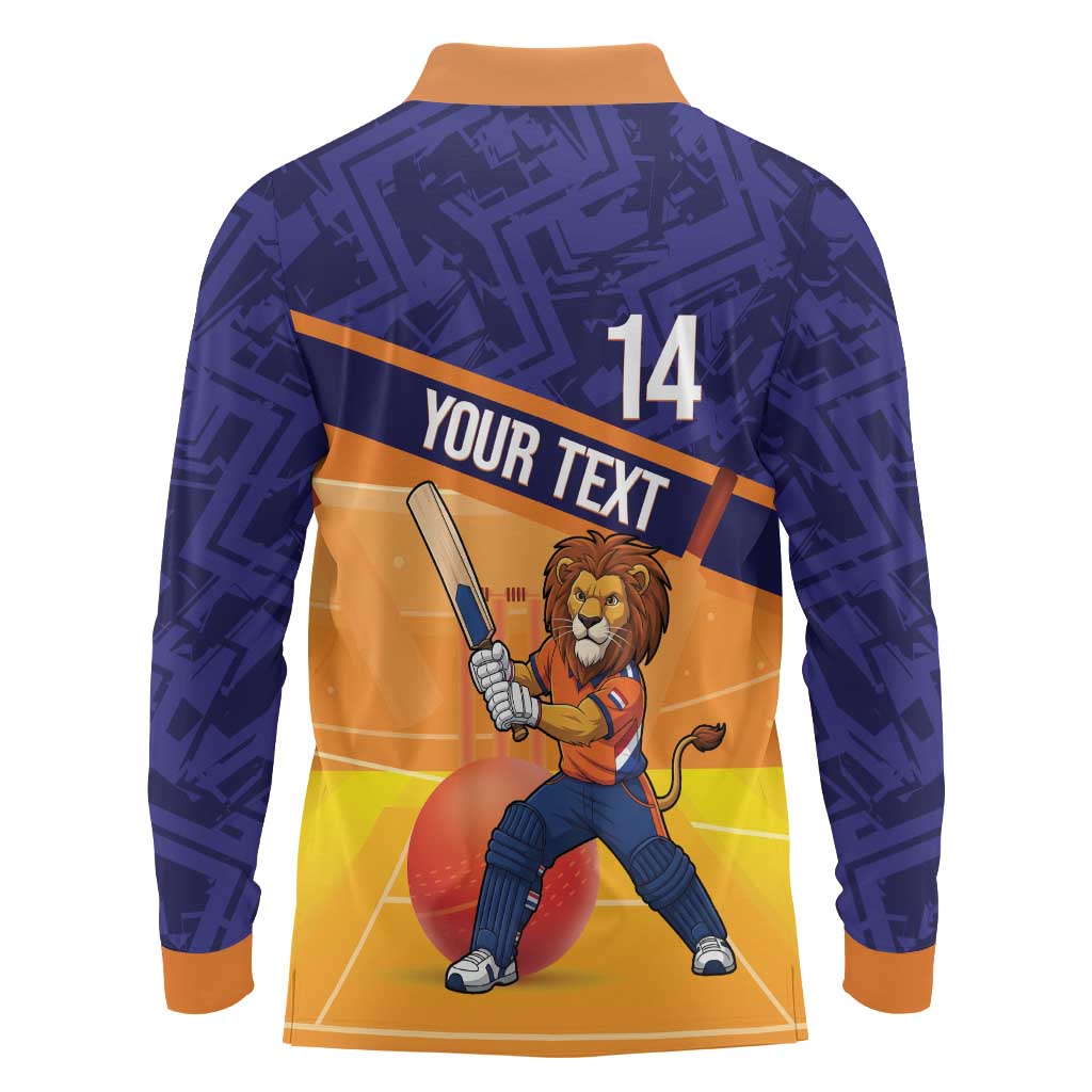 Custom Netherlands Cricket Long Sleeve Polo Shirt Go Flying Dutchmen Lion Mascot - Wonder Print Shop