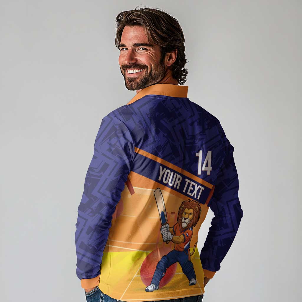 Custom Netherlands Cricket Long Sleeve Polo Shirt Go Flying Dutchmen Lion Mascot - Wonder Print Shop