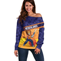 Custom Netherlands Cricket Off Shoulder Sweater Go Flying Dutchmen Lion Mascot - Wonder Print Shop