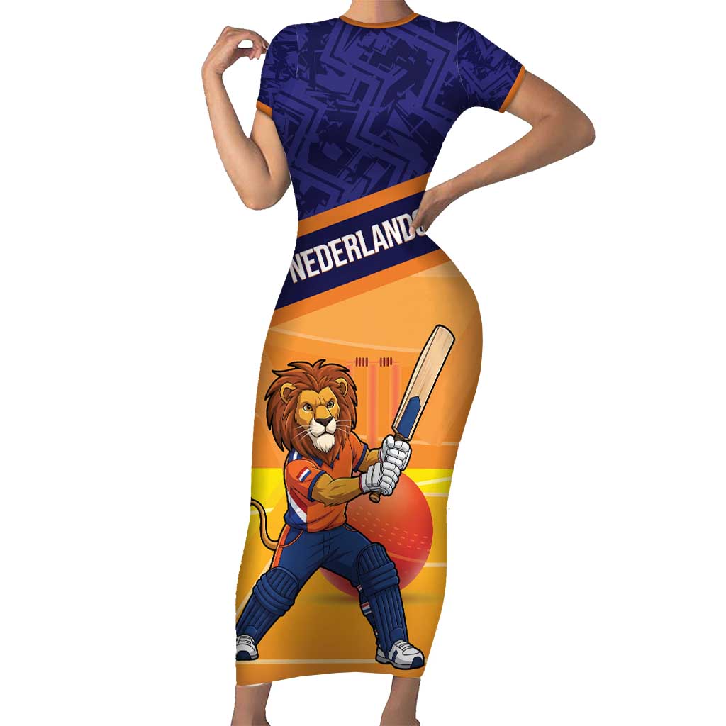Custom Netherlands Cricket Short Sleeve Bodycon Dress Go Flying Dutchmen Lion Mascot - Wonder Print Shop