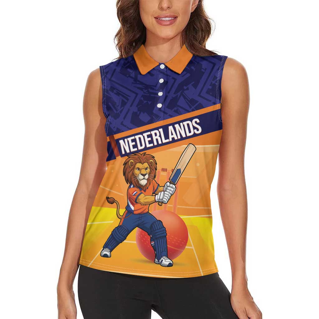 Custom Netherlands Cricket Women Sleeveless Polo Shirt Go Flying Dutchmen Lion Mascot - Wonder Print Shop