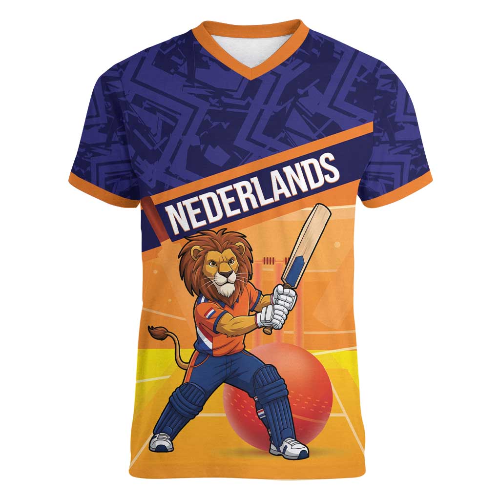 Custom Netherlands Cricket Women V-Neck T-Shirt Go Flying Dutchmen Lion Mascot - Wonder Print Shop