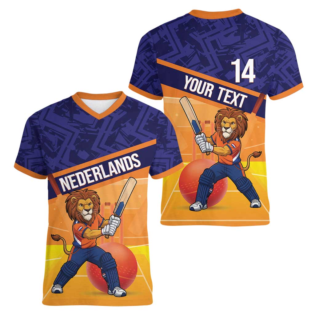 Custom Netherlands Cricket Women V-Neck T-Shirt Go Flying Dutchmen Lion Mascot - Wonder Print Shop