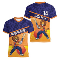 Custom Netherlands Cricket Women V-Neck T-Shirt Go Flying Dutchmen Lion Mascot - Wonder Print Shop
