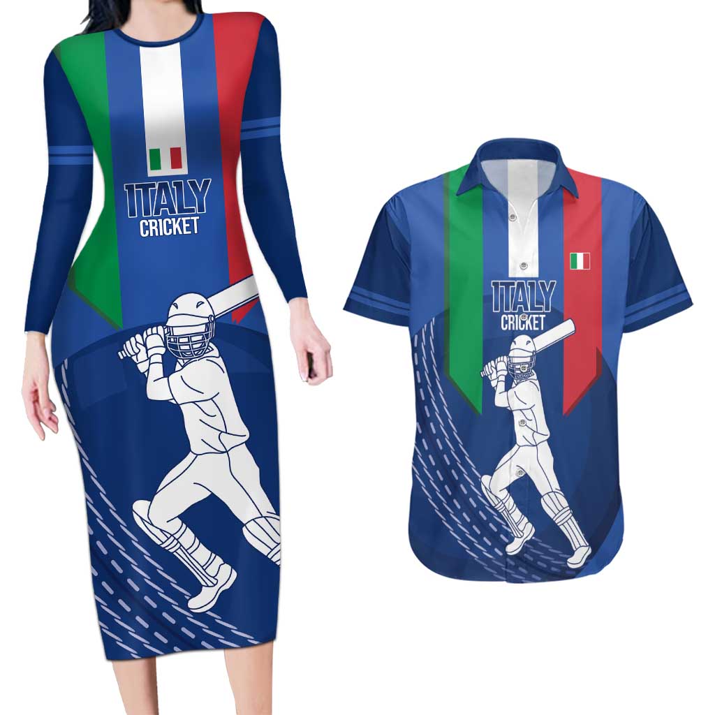 Custom Italy Cricket Couples Matching Long Sleeve Bodycon Dress and Hawaiian Shirt Go Gli Azzurri - Wonder Print Shop