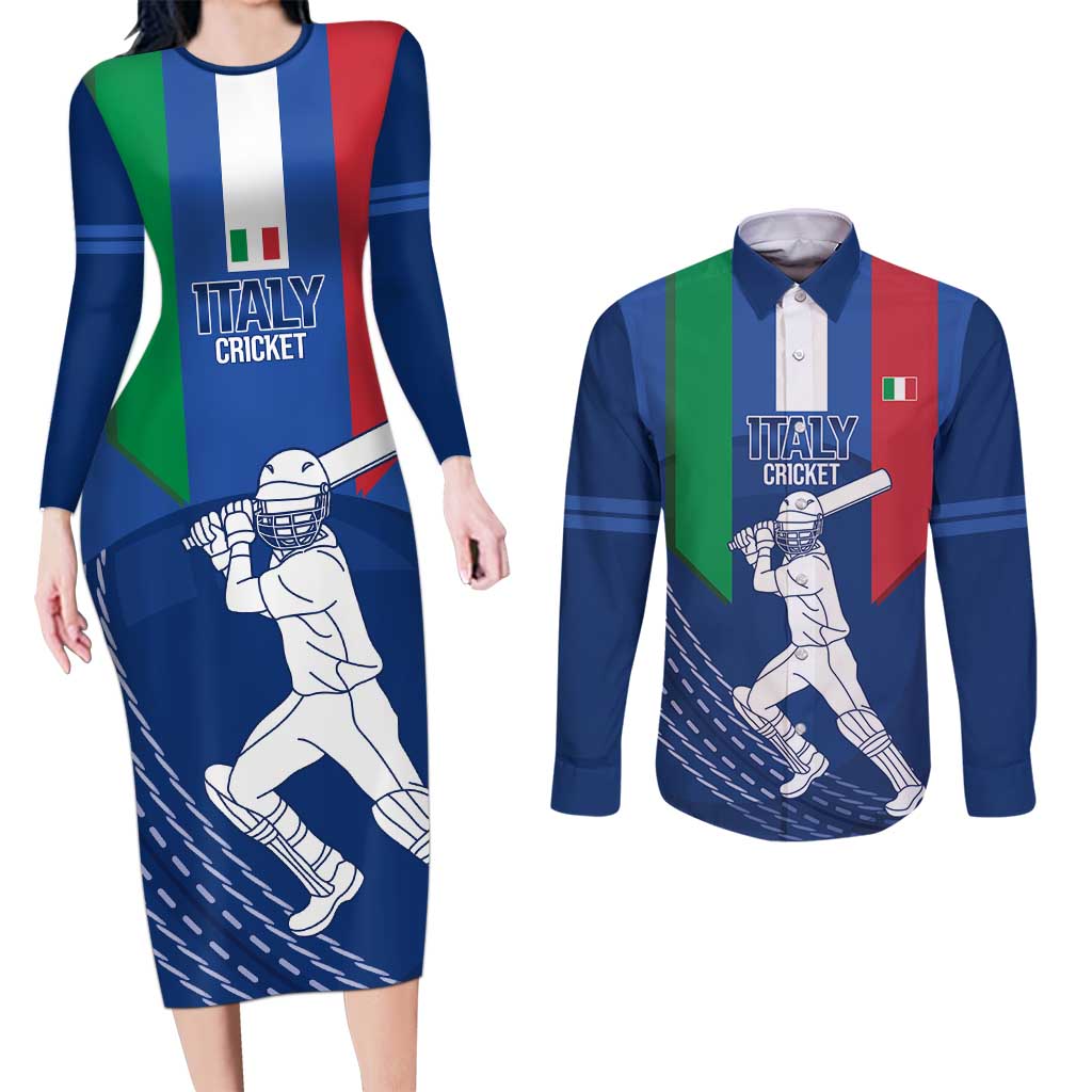 Custom Italy Cricket Couples Matching Long Sleeve Bodycon Dress and Long Sleeve Button Shirt Go Gli Azzurri - Wonder Print Shop
