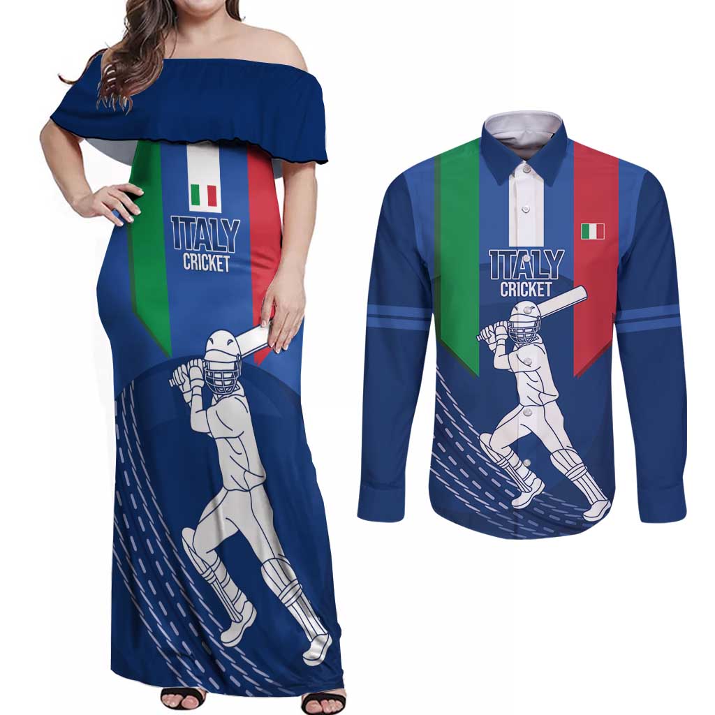 Custom Italy Cricket Couples Matching Off Shoulder Maxi Dress and Long Sleeve Button Shirt Go Gli Azzurri - Wonder Print Shop