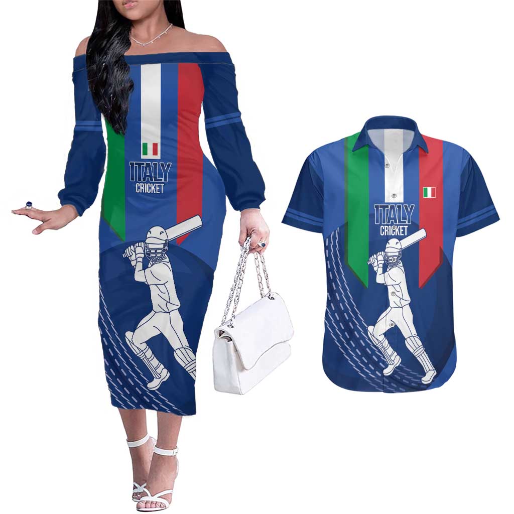 Custom Italy Cricket Couples Matching Off The Shoulder Long Sleeve Dress and Hawaiian Shirt Go Gli Azzurri - Wonder Print Shop