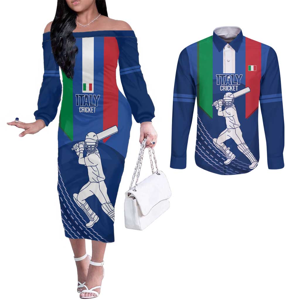 Custom Italy Cricket Couples Matching Off The Shoulder Long Sleeve Dress and Long Sleeve Button Shirt Go Gli Azzurri - Wonder Print Shop