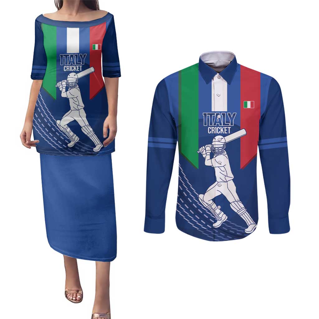 Custom Italy Cricket Couples Matching Puletasi and Long Sleeve Button Shirt Go Gli Azzurri - Wonder Print Shop