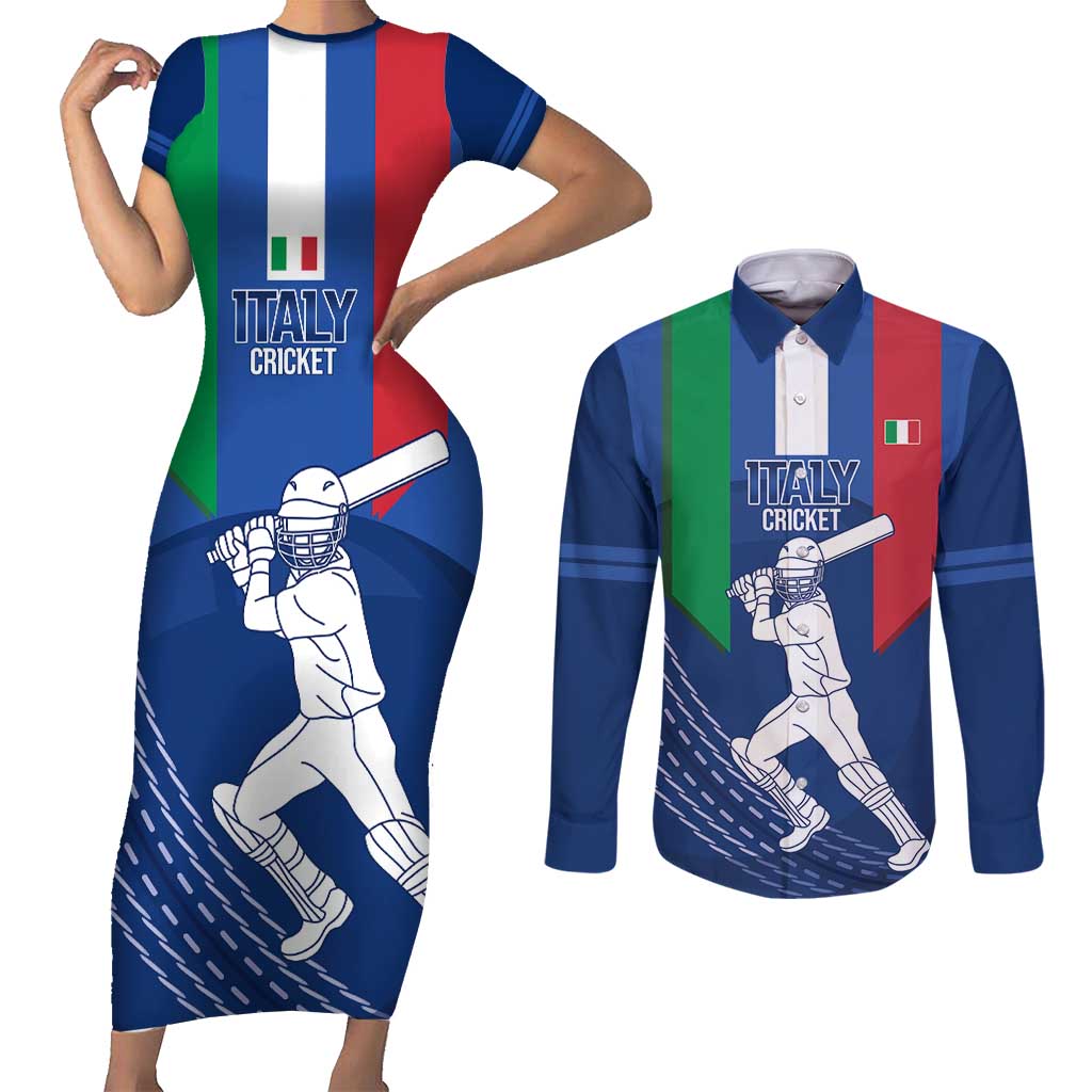 Custom Italy Cricket Couples Matching Short Sleeve Bodycon Dress and Long Sleeve Button Shirt Go Gli Azzurri - Wonder Print Shop