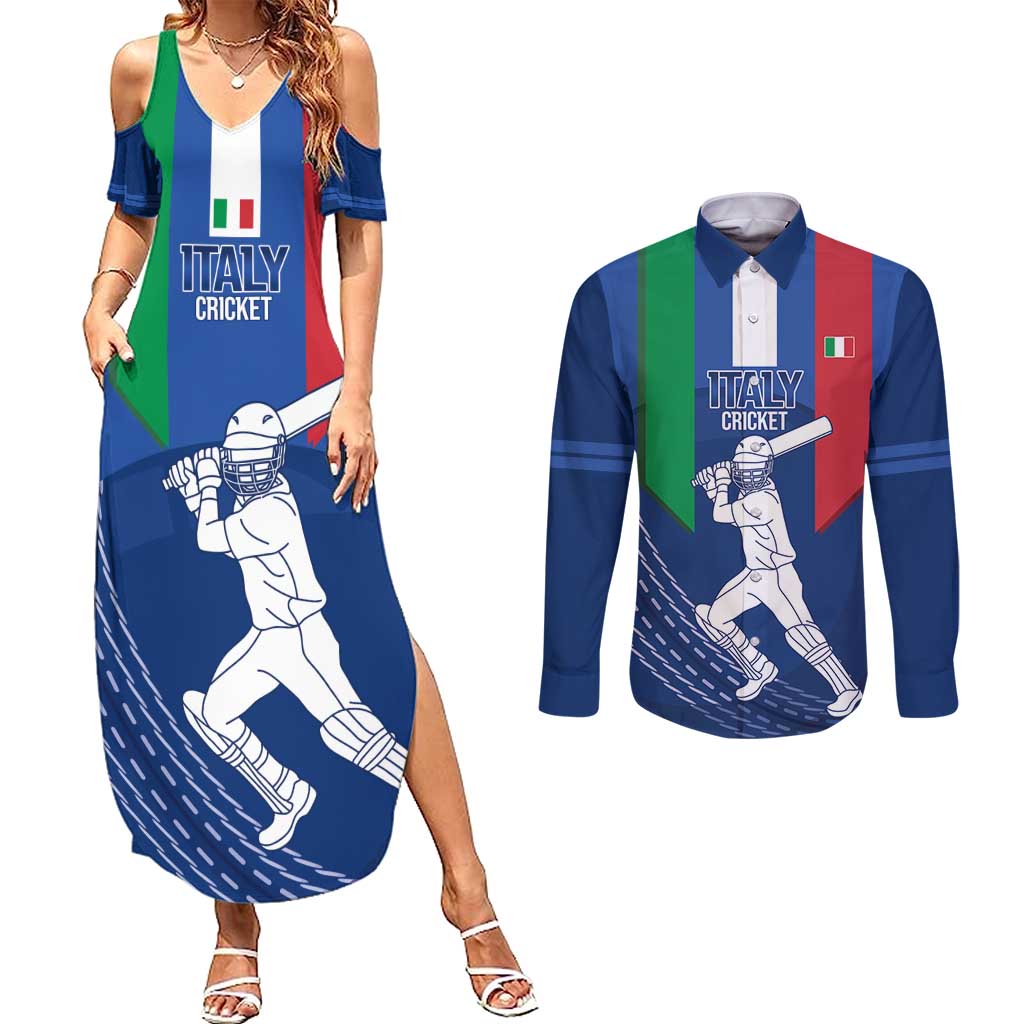 Custom Italy Cricket Couples Matching Summer Maxi Dress and Long Sleeve Button Shirt Go Gli Azzurri - Wonder Print Shop