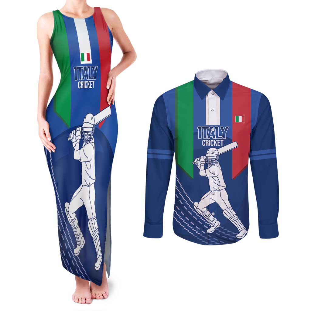 Custom Italy Cricket Couples Matching Tank Maxi Dress and Long Sleeve Button Shirt Go Gli Azzurri - Wonder Print Shop
