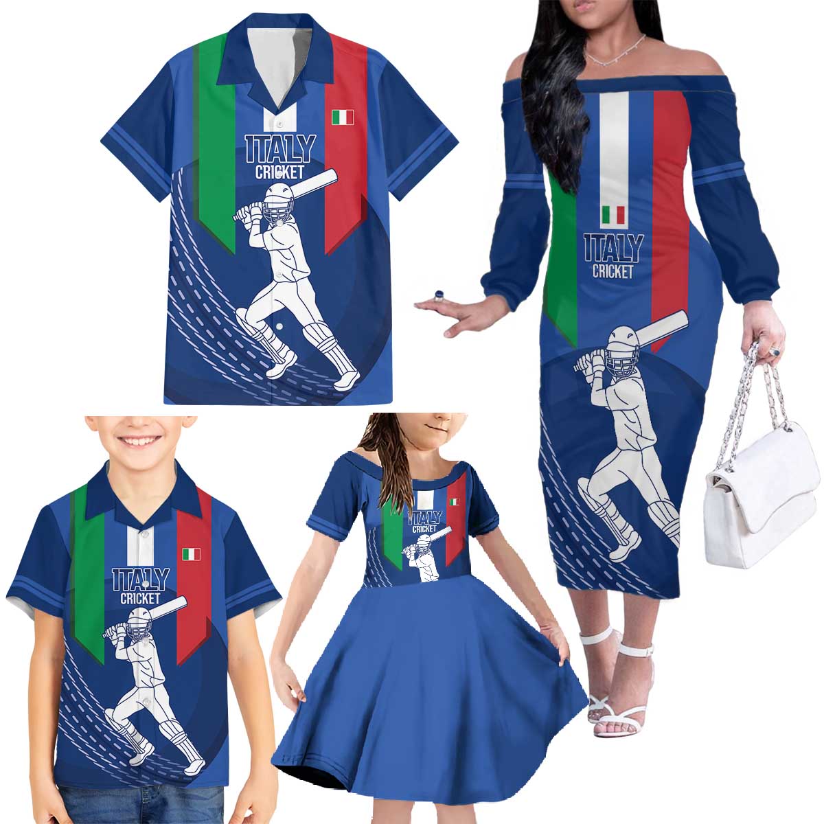 Custom Italy Cricket Family Matching Off The Shoulder Long Sleeve Dress and Hawaiian Shirt Go Gli Azzurri - Wonder Print Shop