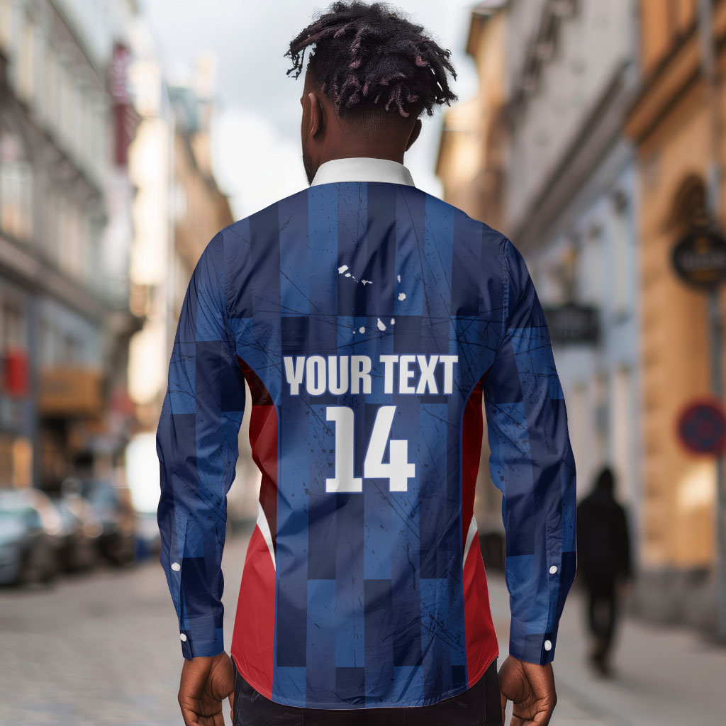Custom Vozinha Cabo Verde Football Long Sleeve Button Shirt Tubaroes Azuis Man Of The Match