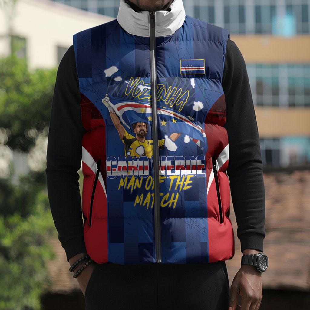 Custom Vozinha Cabo Verde Football Sleeveless Puffer Jacket Tubaroes Azuis Man Of The Match