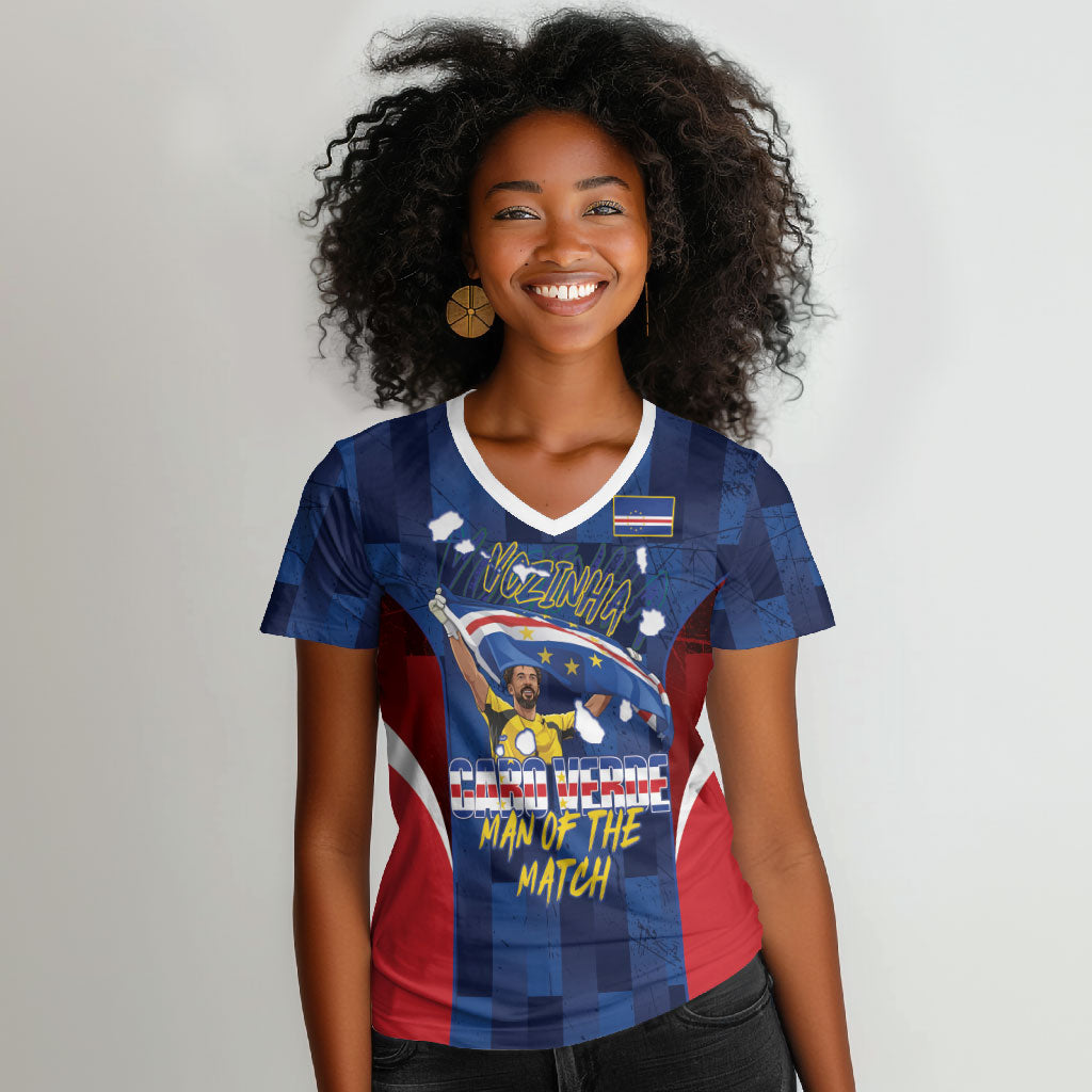 Custom Vozinha Cabo Verde Football Women V-Neck T-Shirt Tubaroes Azuis Man Of The Match