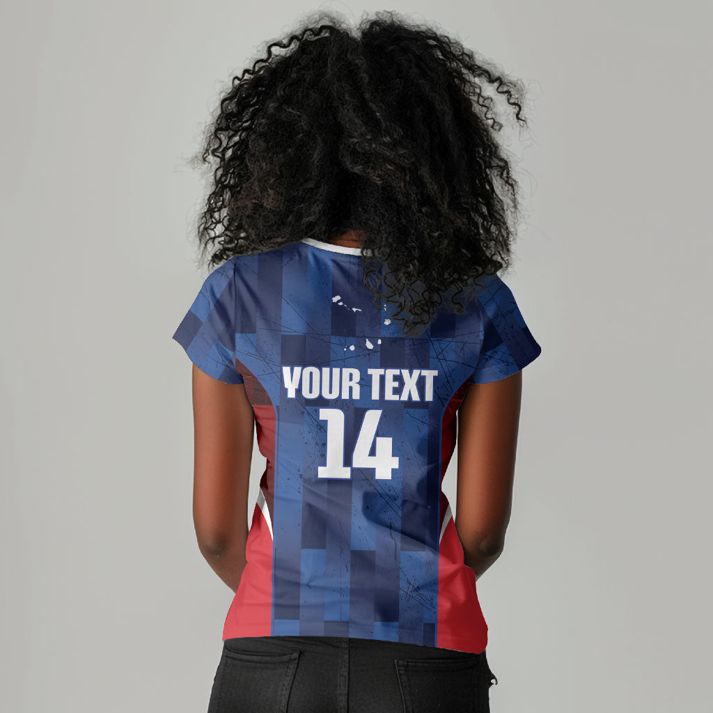 Custom Vozinha Cabo Verde Football Women V-Neck T-Shirt Tubaroes Azuis Man Of The Match
