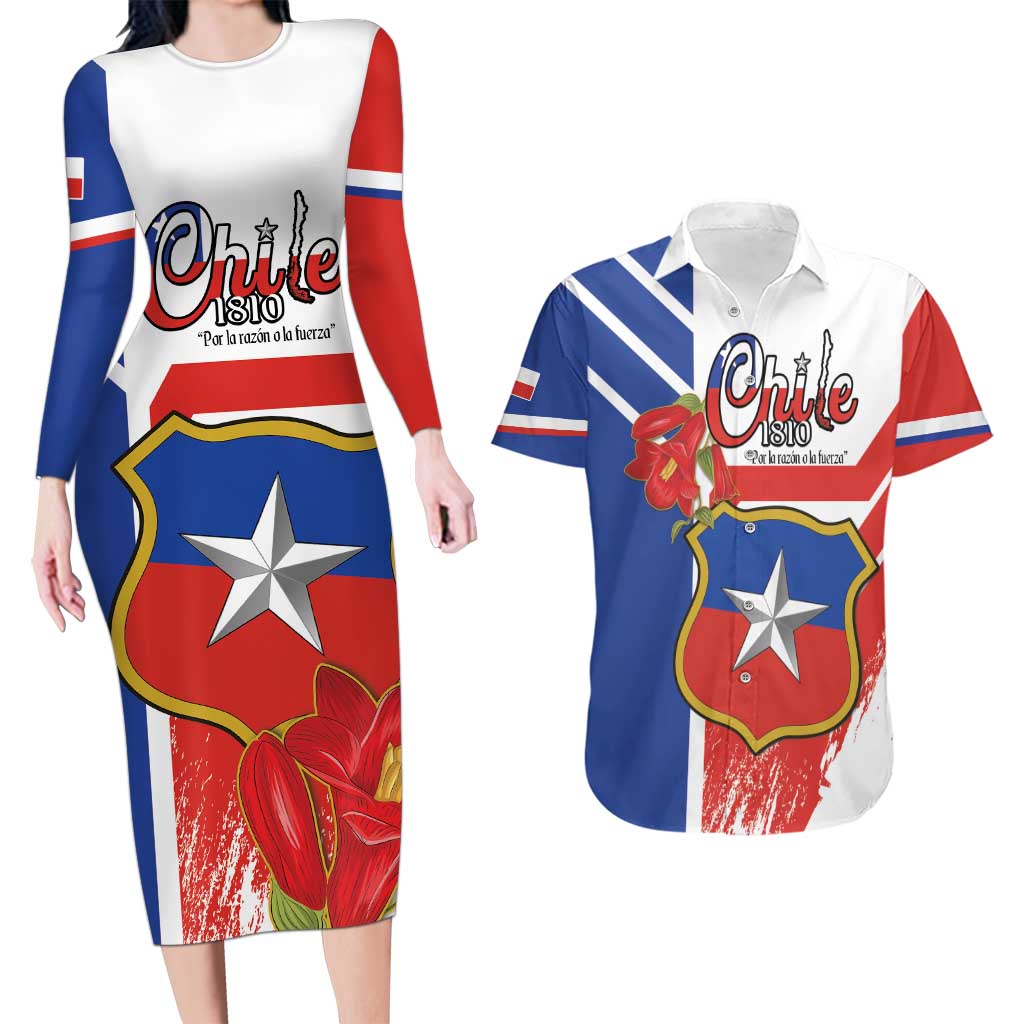 Personalized Chile Independence Day Couples Matching Long Sleeve Bodycon Dress and Hawaiian Shirt Chilean Coat Of Arms Copihue Flag Style - Wonder Print Shop