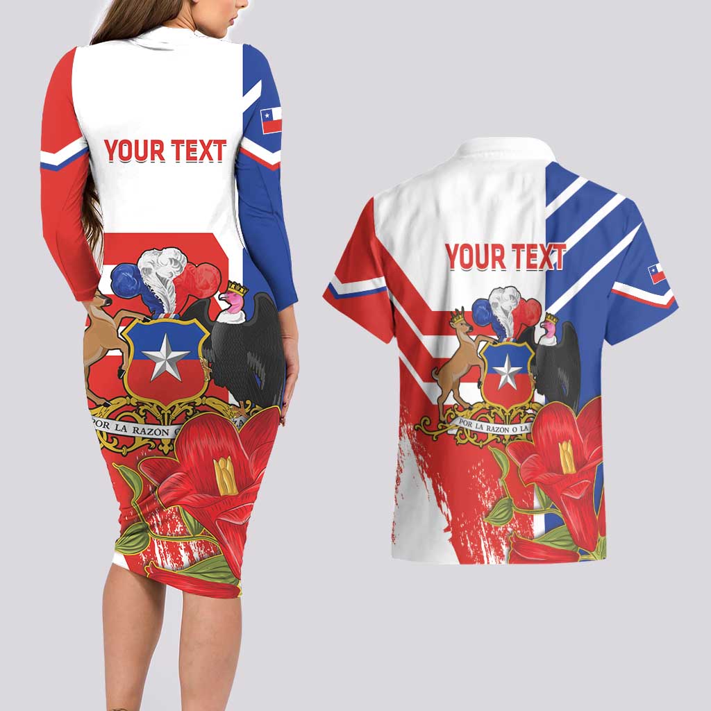 Personalized Chile Independence Day Couples Matching Long Sleeve Bodycon Dress and Hawaiian Shirt Chilean Coat Of Arms Copihue Flag Style - Wonder Print Shop