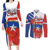 Personalized Chile Independence Day Couples Matching Long Sleeve Bodycon Dress and Long Sleeve Button Shirt Chilean Coat Of Arms Copihue Flag Style - Wonder Print Shop