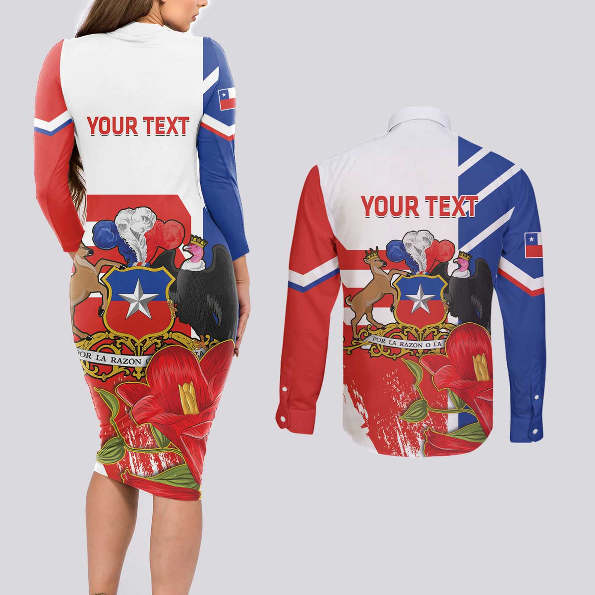 Personalized Chile Independence Day Couples Matching Long Sleeve Bodycon Dress and Long Sleeve Button Shirt Chilean Coat Of Arms Copihue Flag Style - Wonder Print Shop