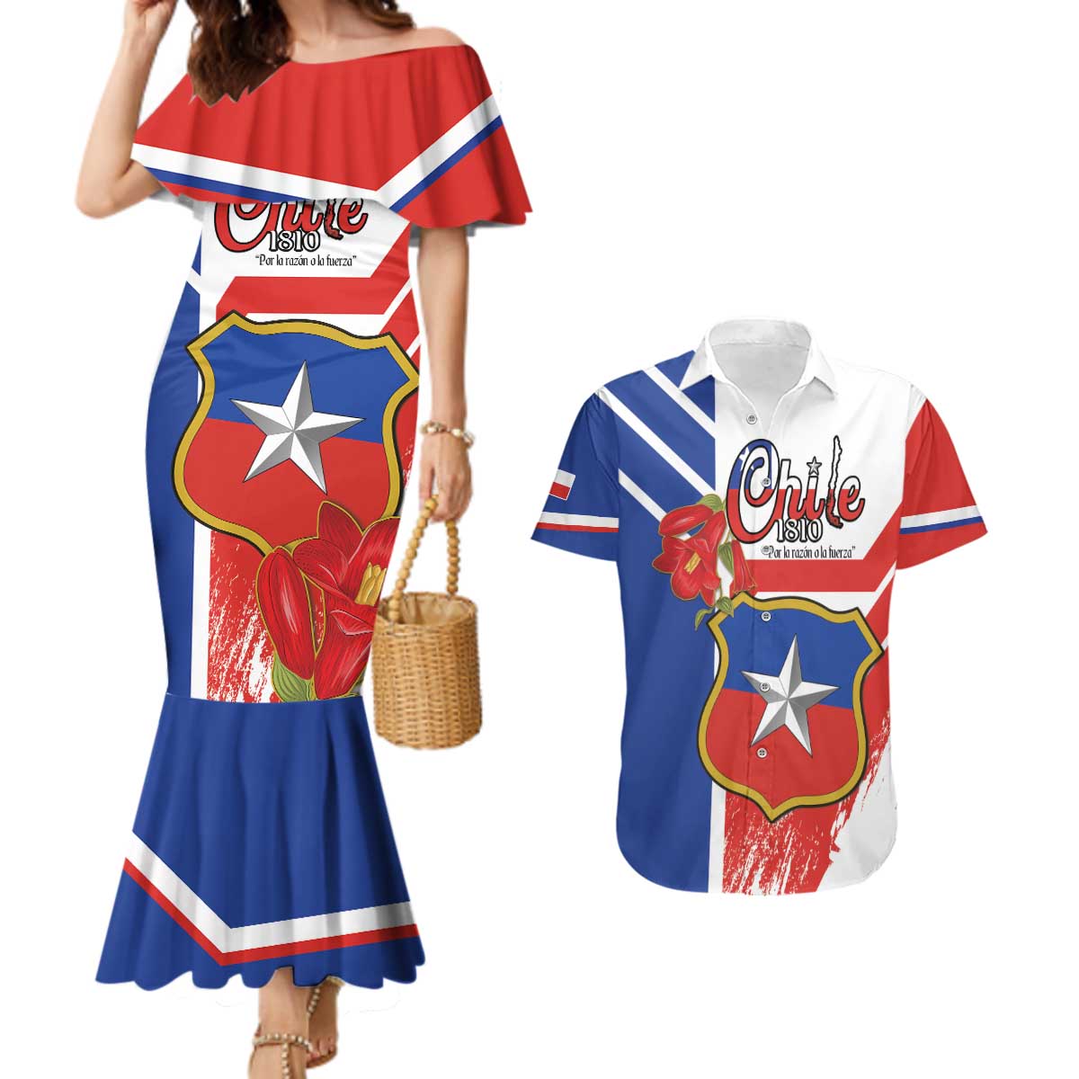 Personalized Chile Independence Day Couples Matching Mermaid Dress and Hawaiian Shirt Chilean Coat Of Arms Copihue Flag Style - Wonder Print Shop