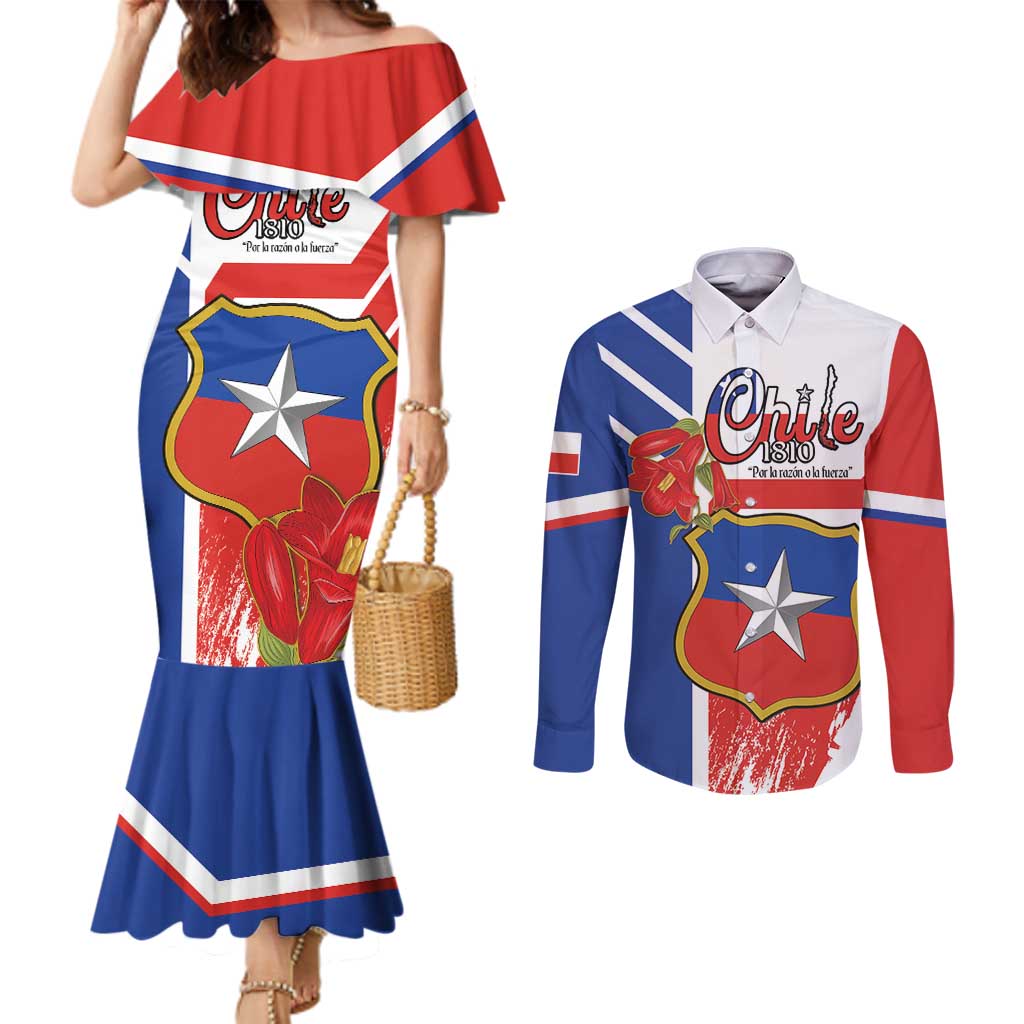 Personalized Chile Independence Day Couples Matching Mermaid Dress and Long Sleeve Button Shirt Chilean Coat Of Arms Copihue Flag Style
