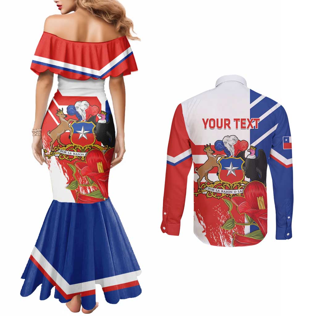 Personalized Chile Independence Day Couples Matching Mermaid Dress and Long Sleeve Button Shirt Chilean Coat Of Arms Copihue Flag Style