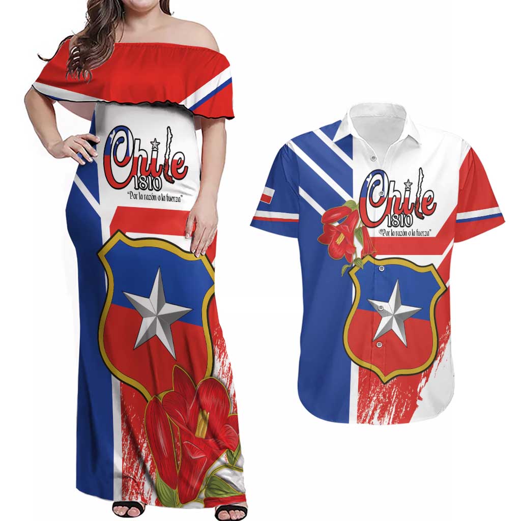 Personalized Chile Independence Day Couples Matching Off Shoulder Maxi Dress and Hawaiian Shirt Chilean Coat Of Arms Copihue Flag Style - Wonder Print Shop