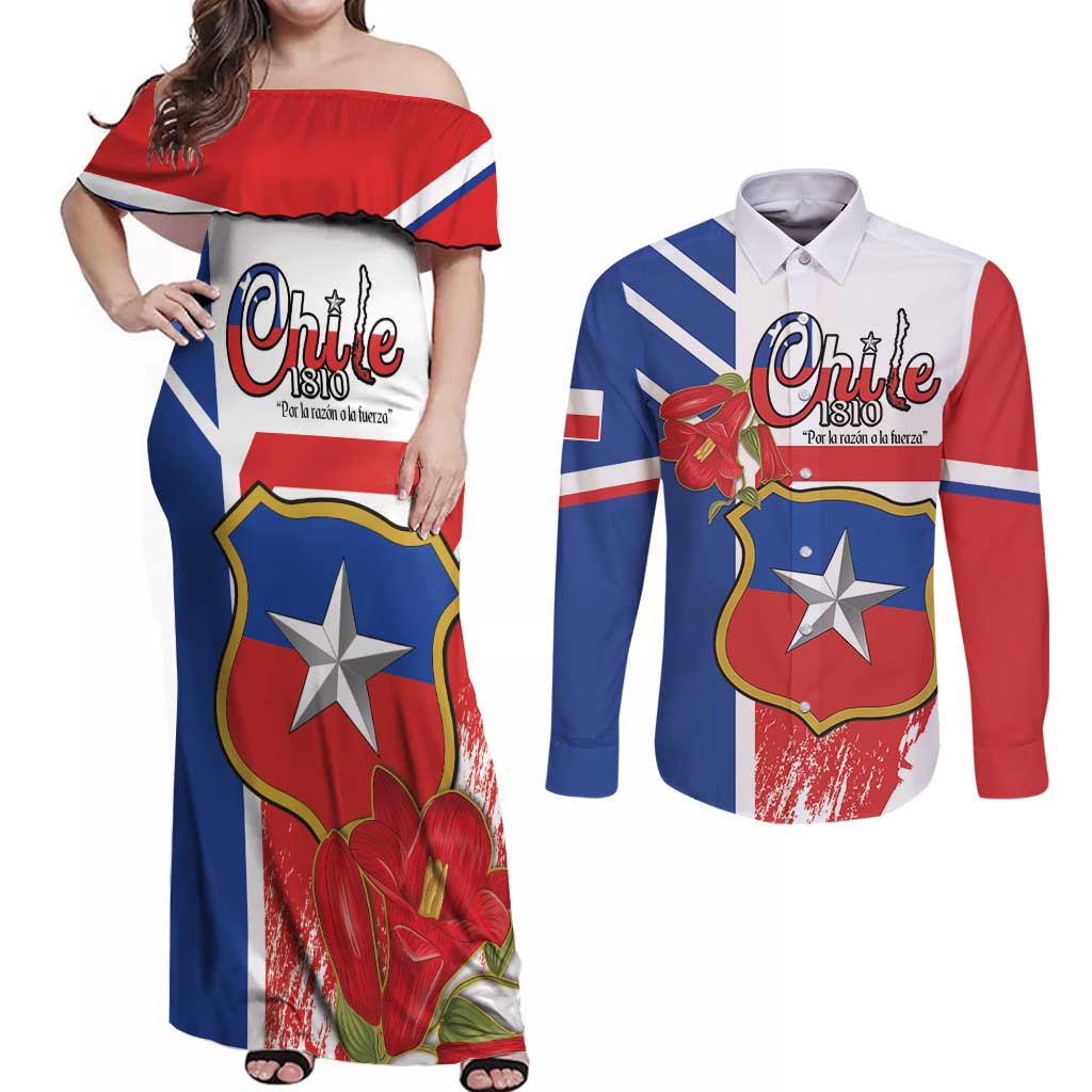 Personalized Chile Independence Day Couples Matching Off Shoulder Maxi Dress and Long Sleeve Button Shirt Chilean Coat Of Arms Copihue Flag Style - Wonder Print Shop