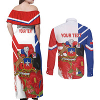 Personalized Chile Independence Day Couples Matching Off Shoulder Maxi Dress and Long Sleeve Button Shirt Chilean Coat Of Arms Copihue Flag Style - Wonder Print Shop