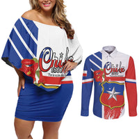 Personalized Chile Independence Day Couples Matching Off Shoulder Short Dress and Long Sleeve Button Shirt Chilean Coat Of Arms Copihue Flag Style - Wonder Print Shop