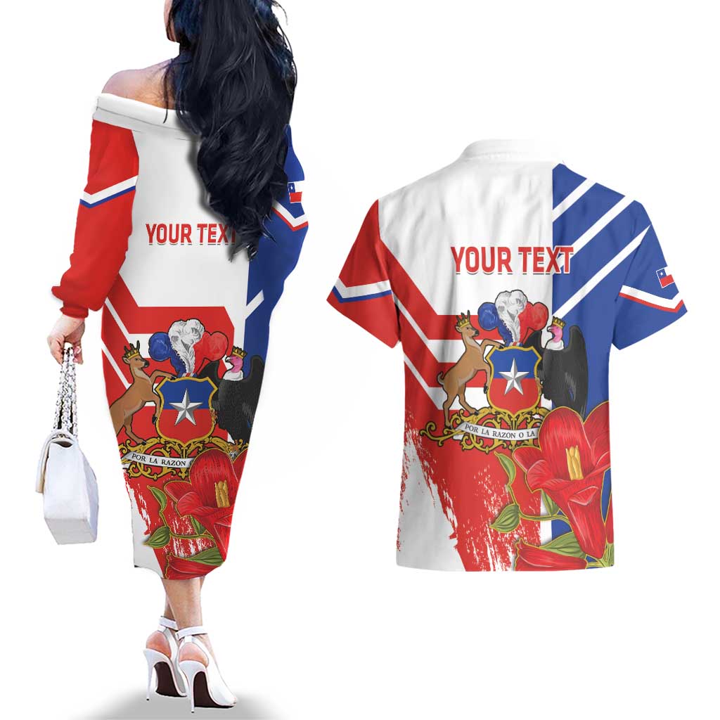 Personalized Chile Independence Day Couples Matching Off The Shoulder Long Sleeve Dress and Hawaiian Shirt Chilean Coat Of Arms Copihue Flag Style - Wonder Print Shop