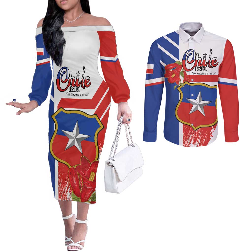 Personalized Chile Independence Day Couples Matching Off The Shoulder Long Sleeve Dress and Long Sleeve Button Shirt Chilean Coat Of Arms Copihue Flag Style