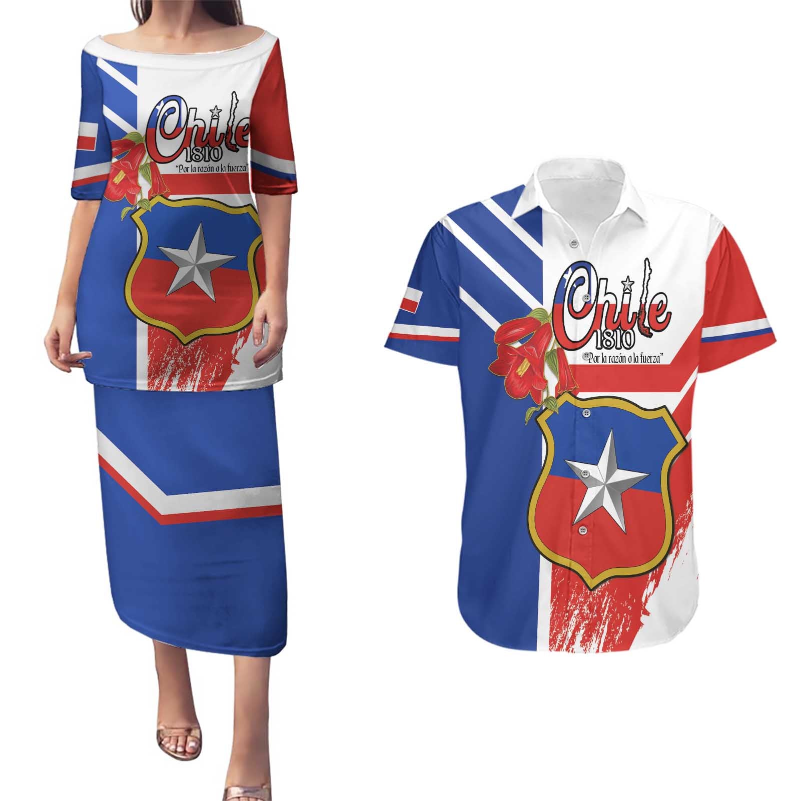 Personalized Chile Independence Day Couples Matching Puletasi and Hawaiian Shirt Chilean Coat Of Arms Copihue Flag Style - Wonder Print Shop