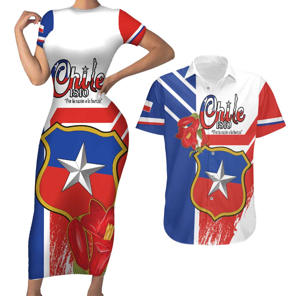 Personalized Chile Independence Day Couples Matching Short Sleeve Bodycon Dress and Hawaiian Shirt Chilean Coat Of Arms Copihue Flag Style - Wonder Print Shop