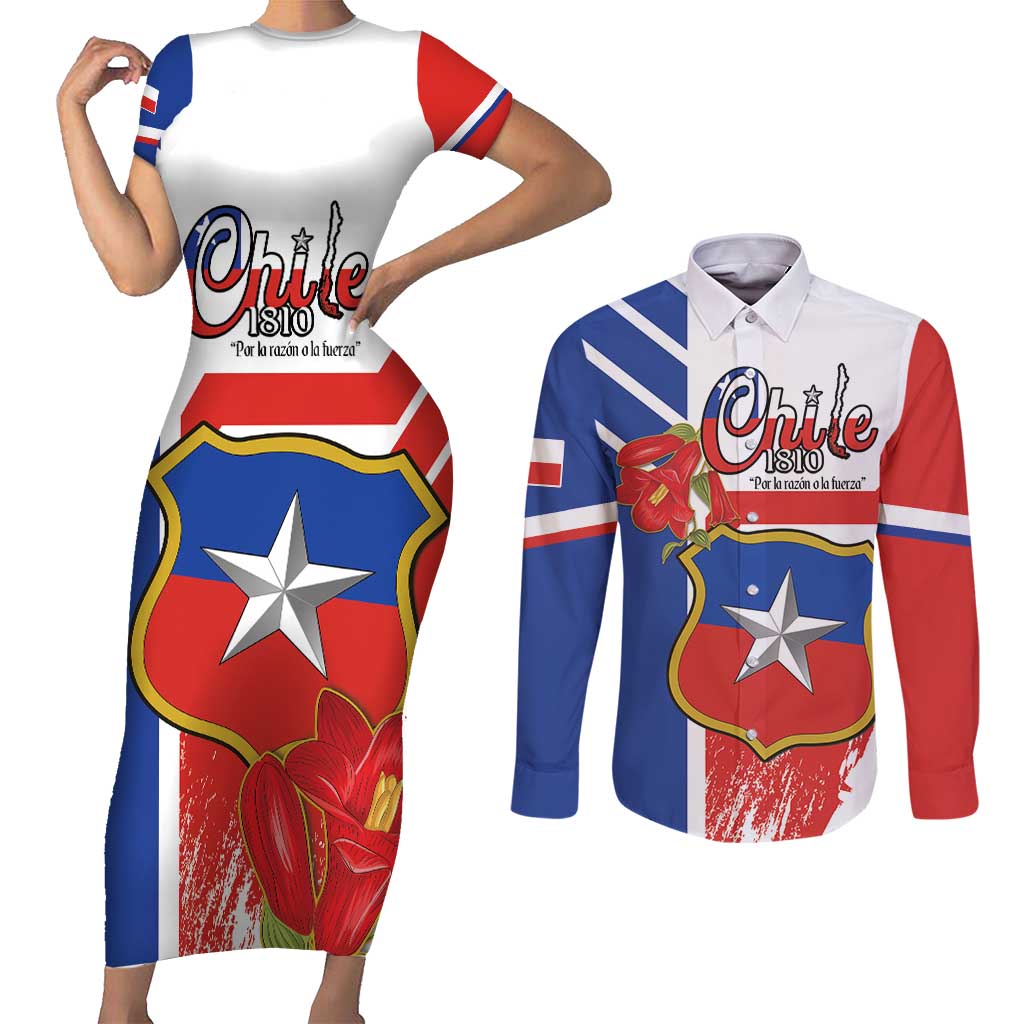 Personalized Chile Independence Day Couples Matching Short Sleeve Bodycon Dress and Long Sleeve Button Shirt Chilean Coat Of Arms Copihue Flag Style - Wonder Print Shop