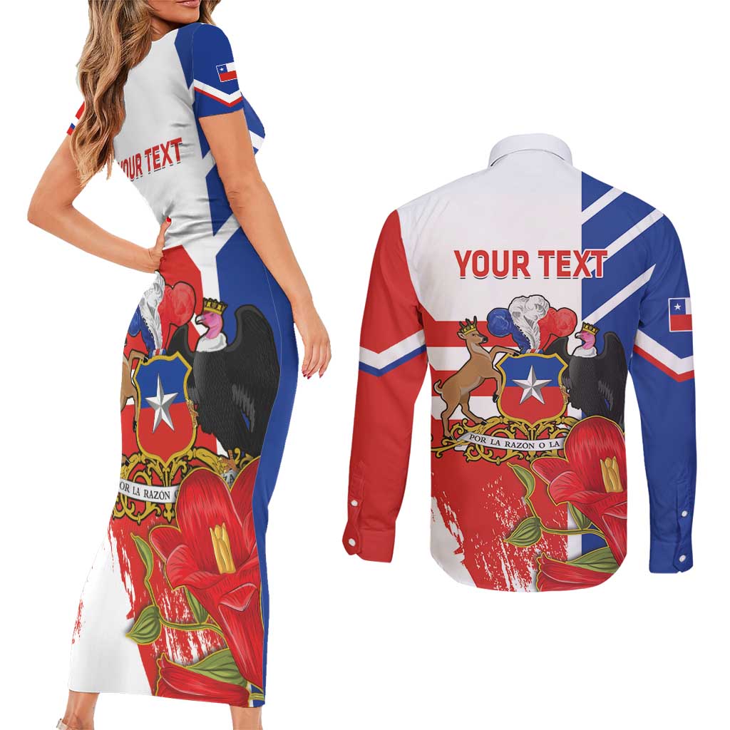 Personalized Chile Independence Day Couples Matching Short Sleeve Bodycon Dress and Long Sleeve Button Shirt Chilean Coat Of Arms Copihue Flag Style - Wonder Print Shop