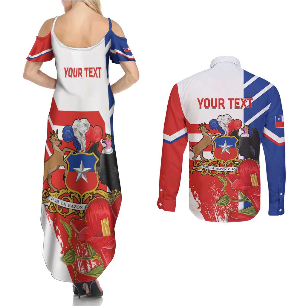 Personalized Chile Independence Day Couples Matching Summer Maxi Dress and Long Sleeve Button Shirt Chilean Coat Of Arms Copihue Flag Style - Wonder Print Shop